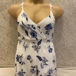 Lush Ivory Romper with Floral Embroidered Navy and Beige